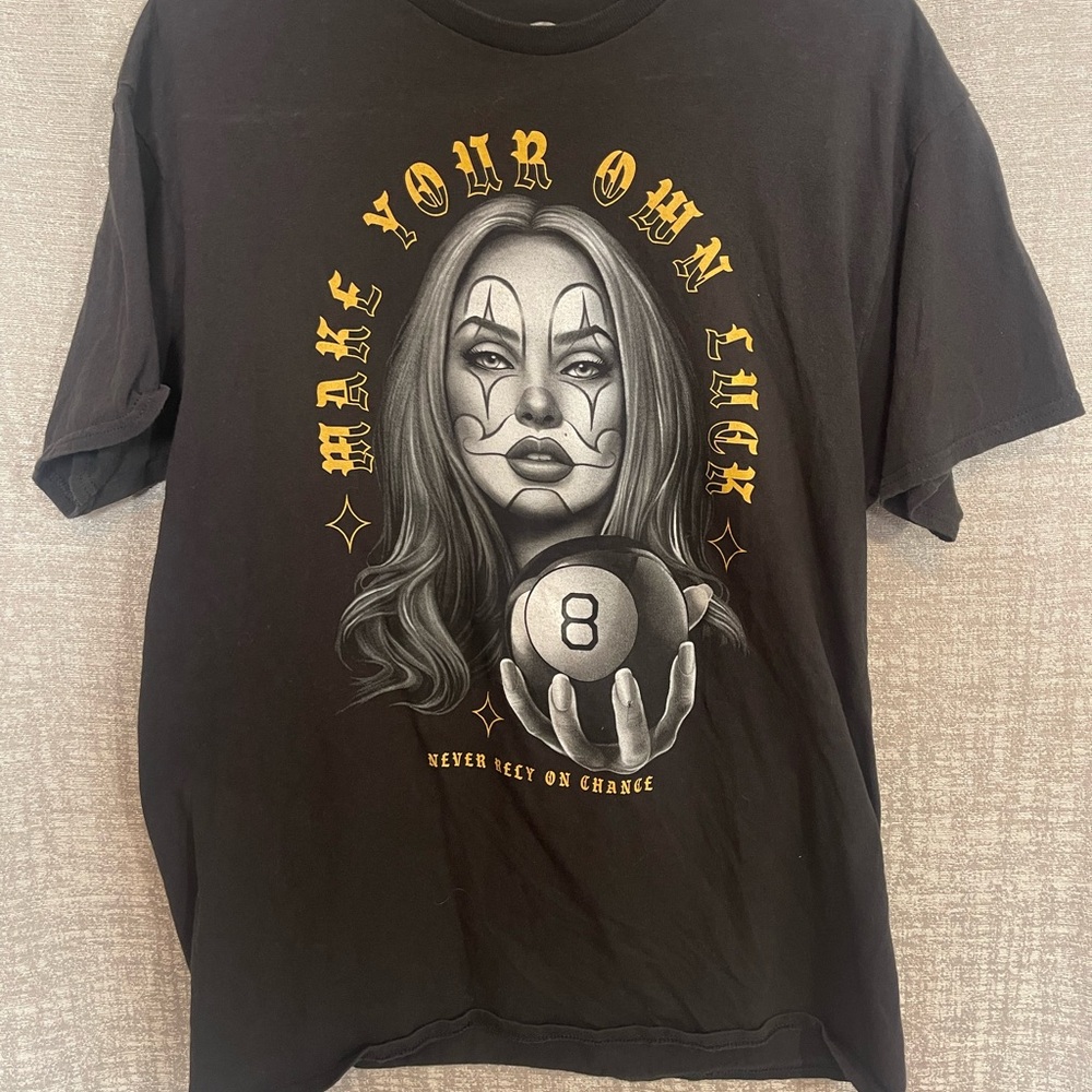 Black Graphic T-Shirt with Gold and White Design